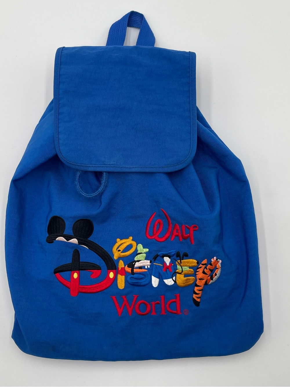 Vintage Walt Disney World Nylon Backpack Blue Embroidered Characters Letters